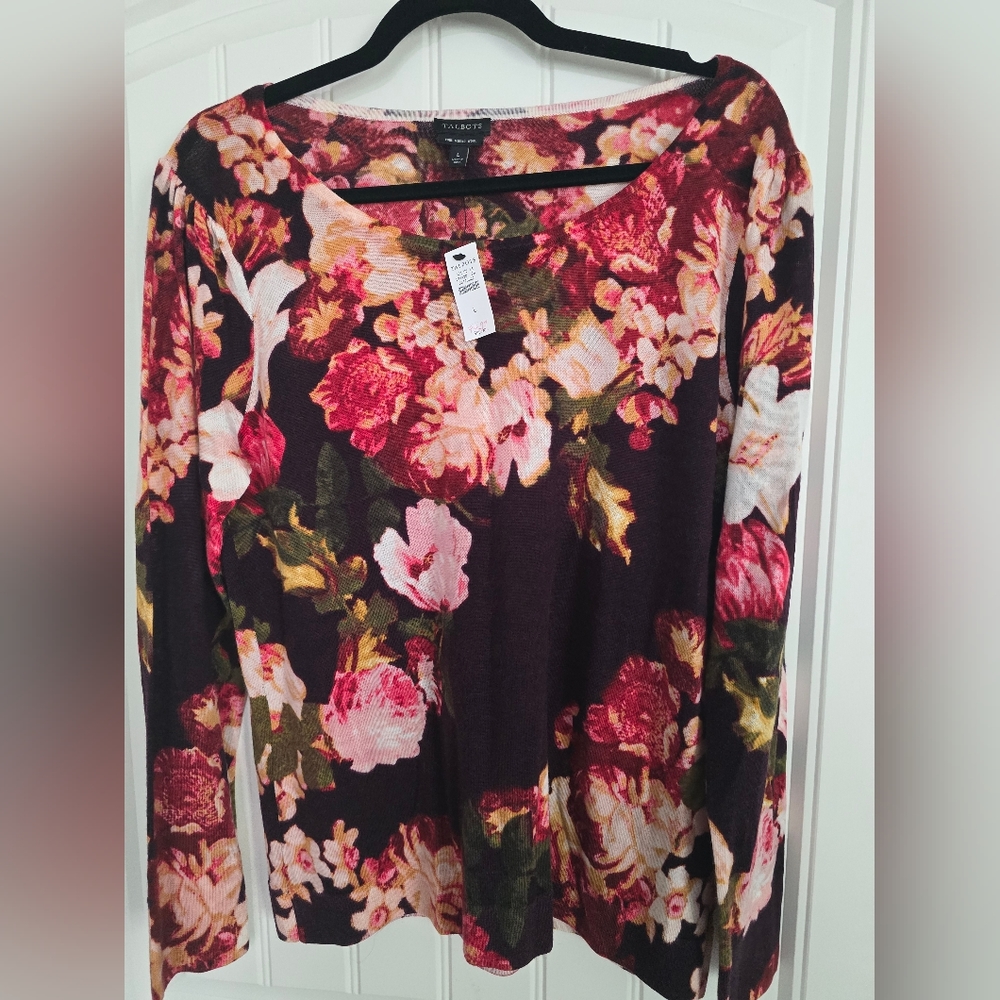 Talbots Gathered Shoulder Merino Sweater Floral